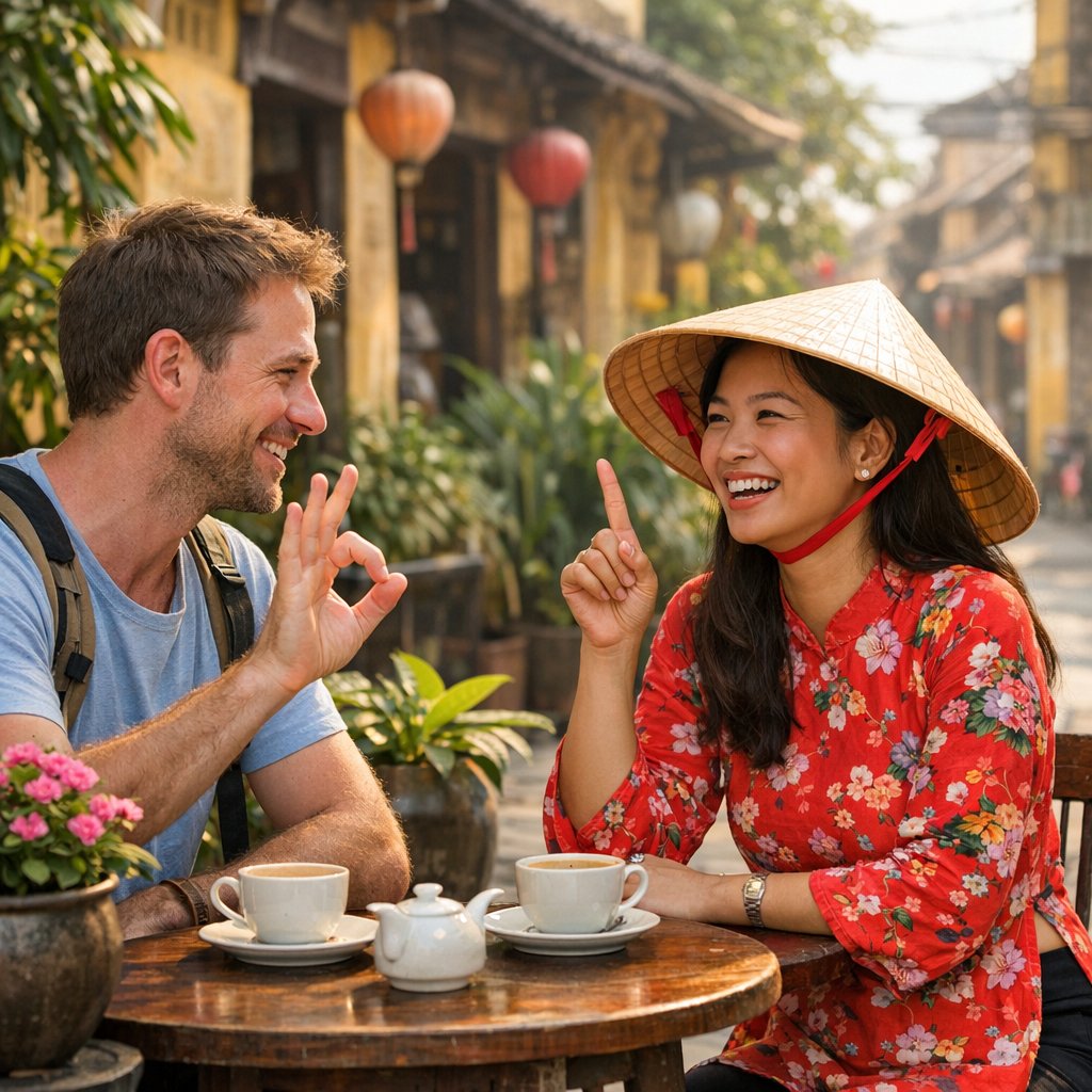 vietnamese phrases for travelers - tourist and Vietnamese woman communicating at outdoor café