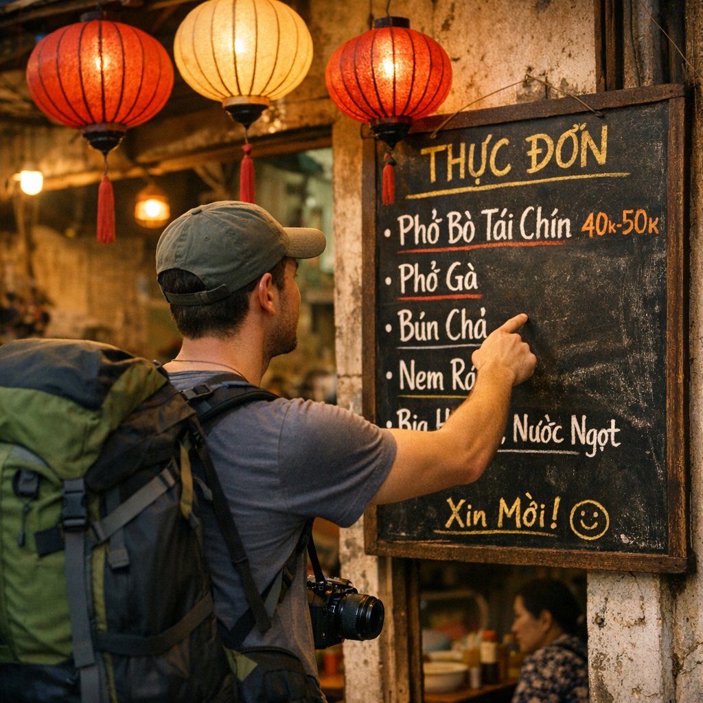 vietnamese phrases for travelers - traveler reading Vietnamese menu outside local pho restaurant in Hanoi