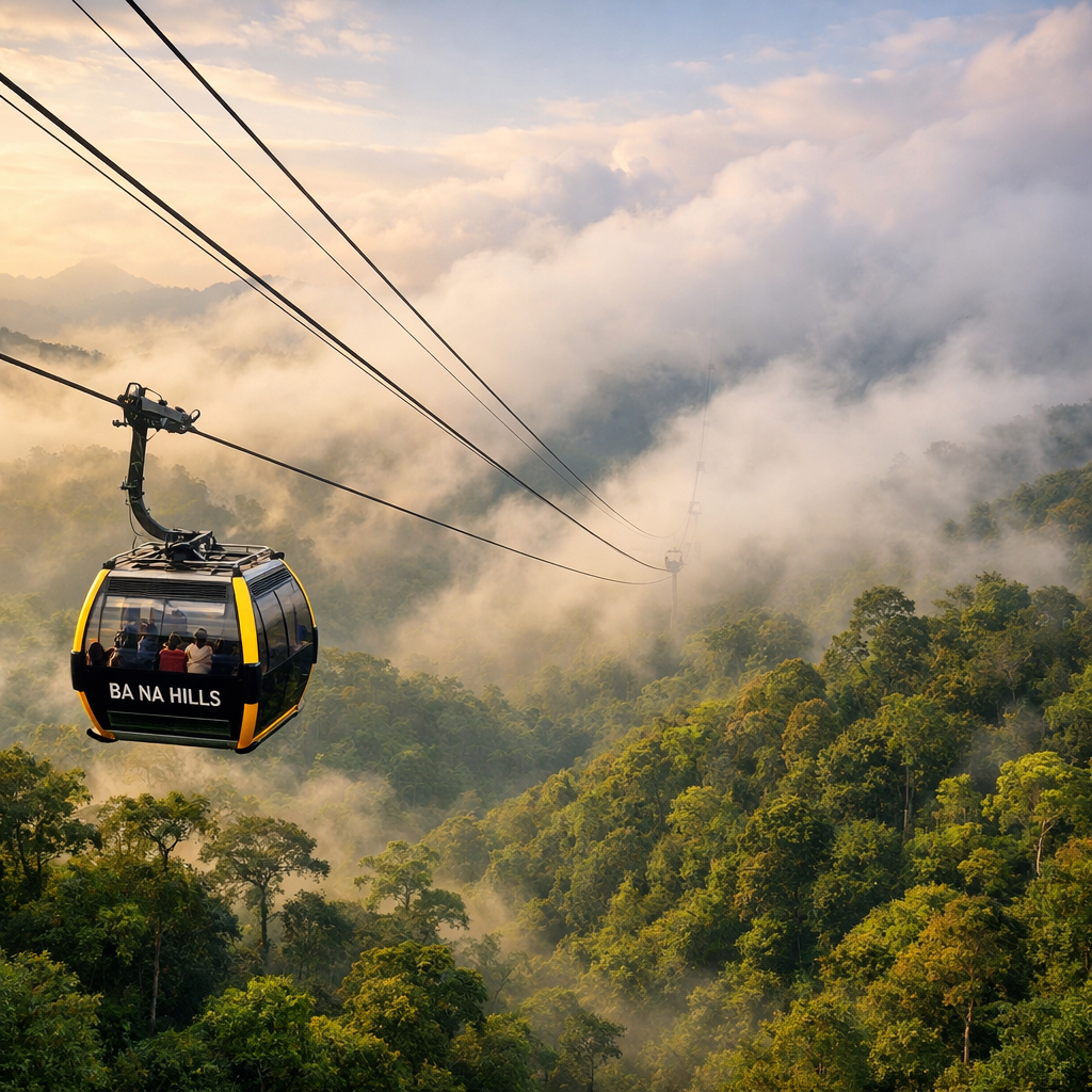 ba na hills cable car ascending through misty jungle above Da Nang Vietnam