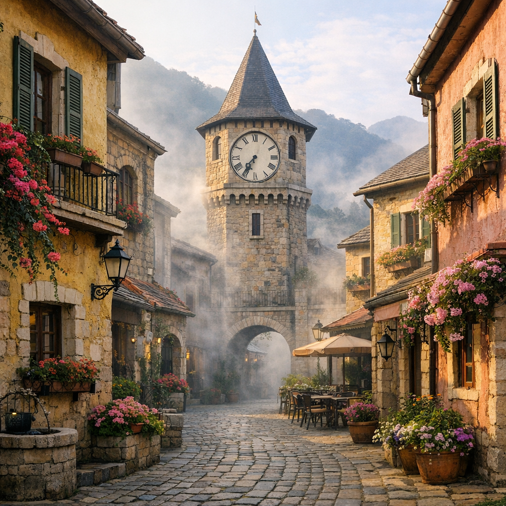 ba na hills french village cobblestone street misty mountain Vietnam