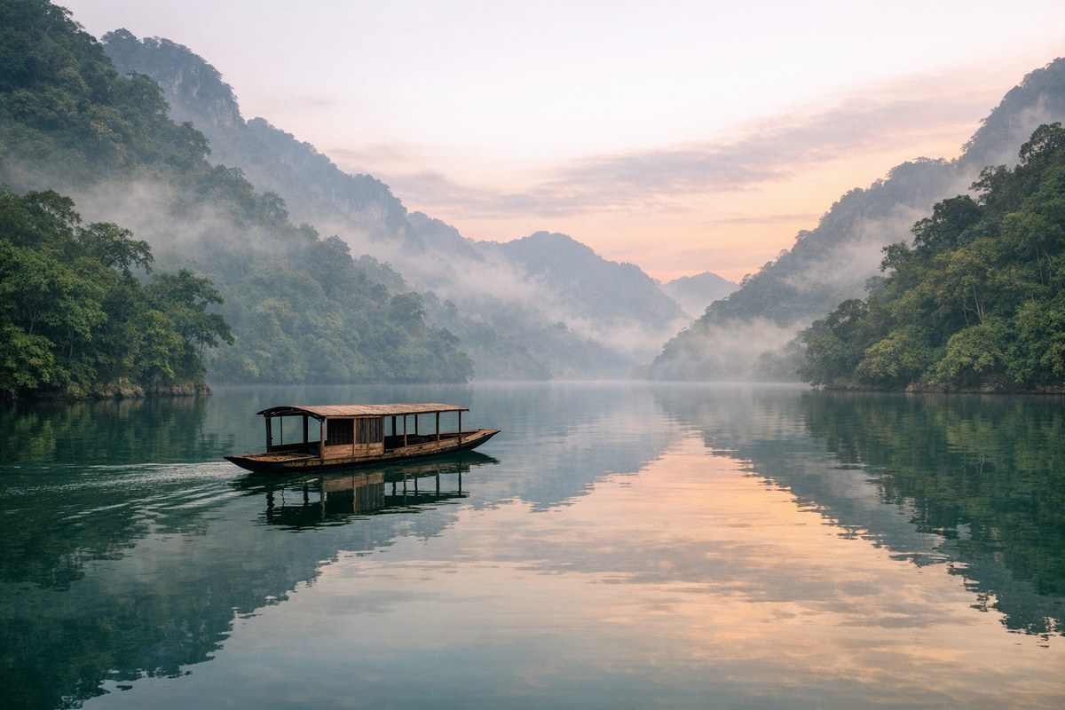 Ba Be National Park travel guide - a wooden boat on Ba Be Lake at dawn surrounded by misty limestone forest