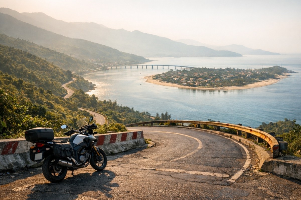 Hai Van Pass Vietnam: motorbike at a viewpoint above Lang Co bay