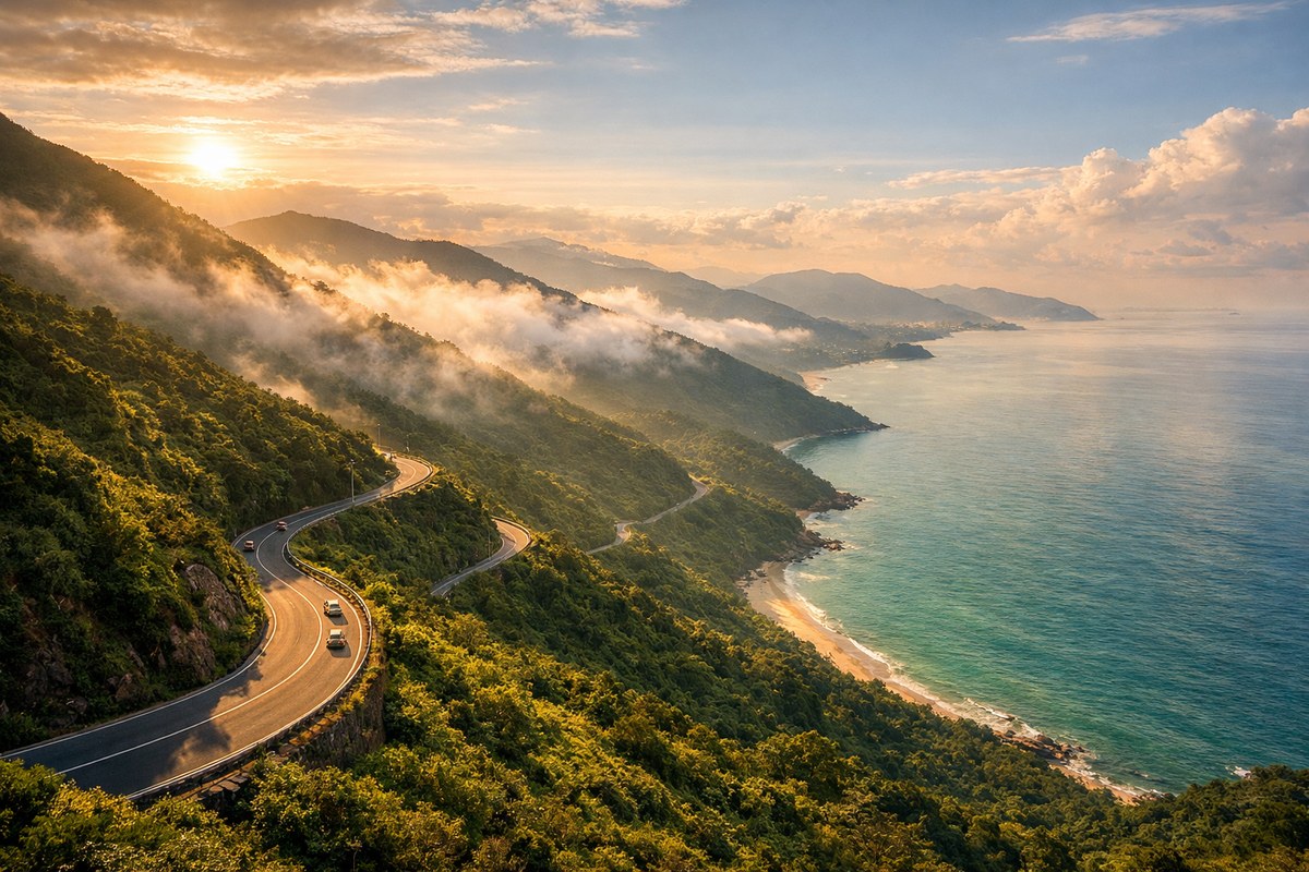 Hai Van Pass Vietnam: the coastal road winding above the sea at golden hour