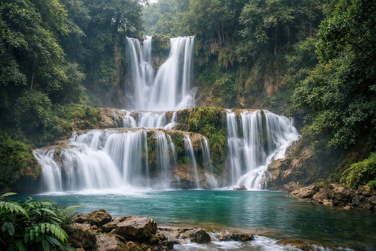 Moc Chau travel guide: Dai Yem waterfall cascading through green forest