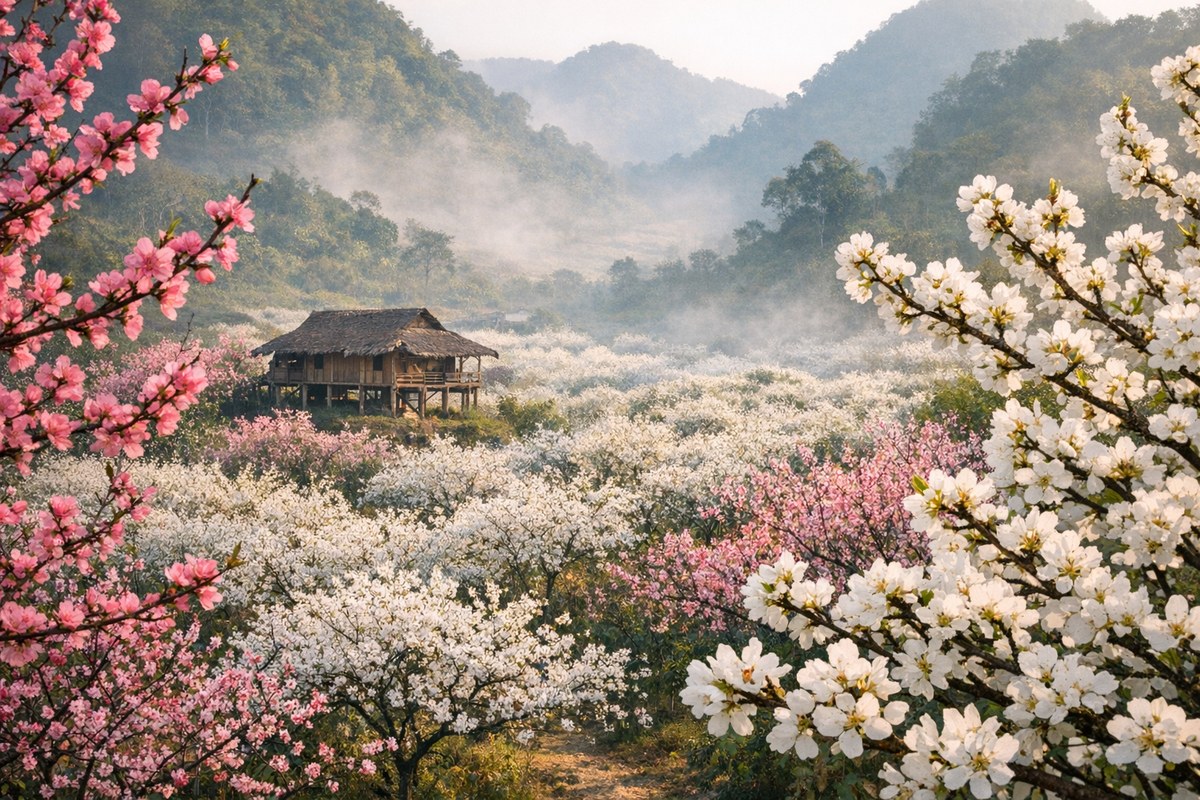 Moc Chau travel guide: white plum blossoms covering a valley with a stilt house in the distance