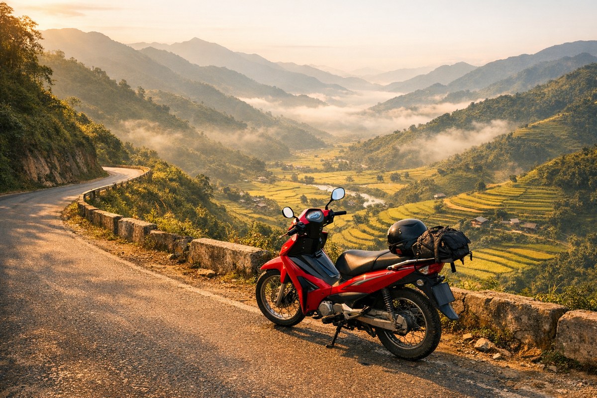 Motorbike rental in Vietnam - a rented scooter on a winding mountain road above green valleys