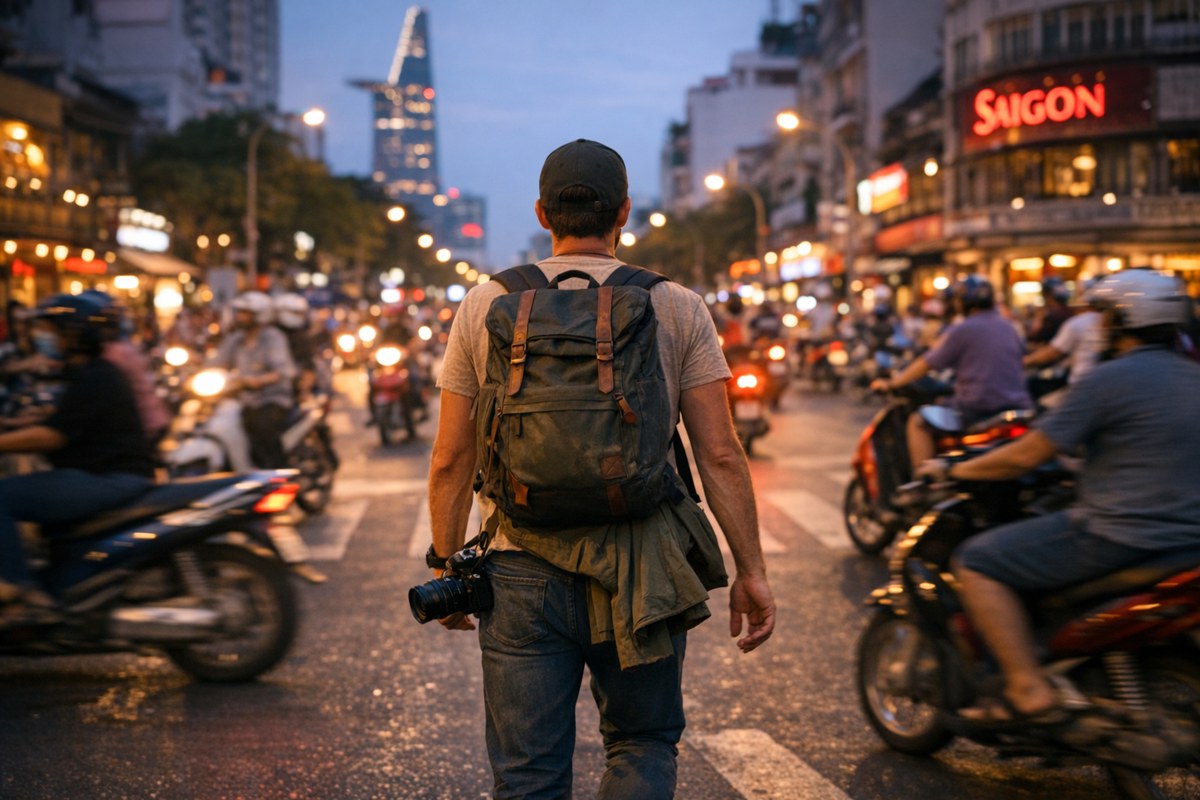 Vietnam travel safety: a lively Hanoi Old Quarter street with motorbikes and vendors in afternoon light