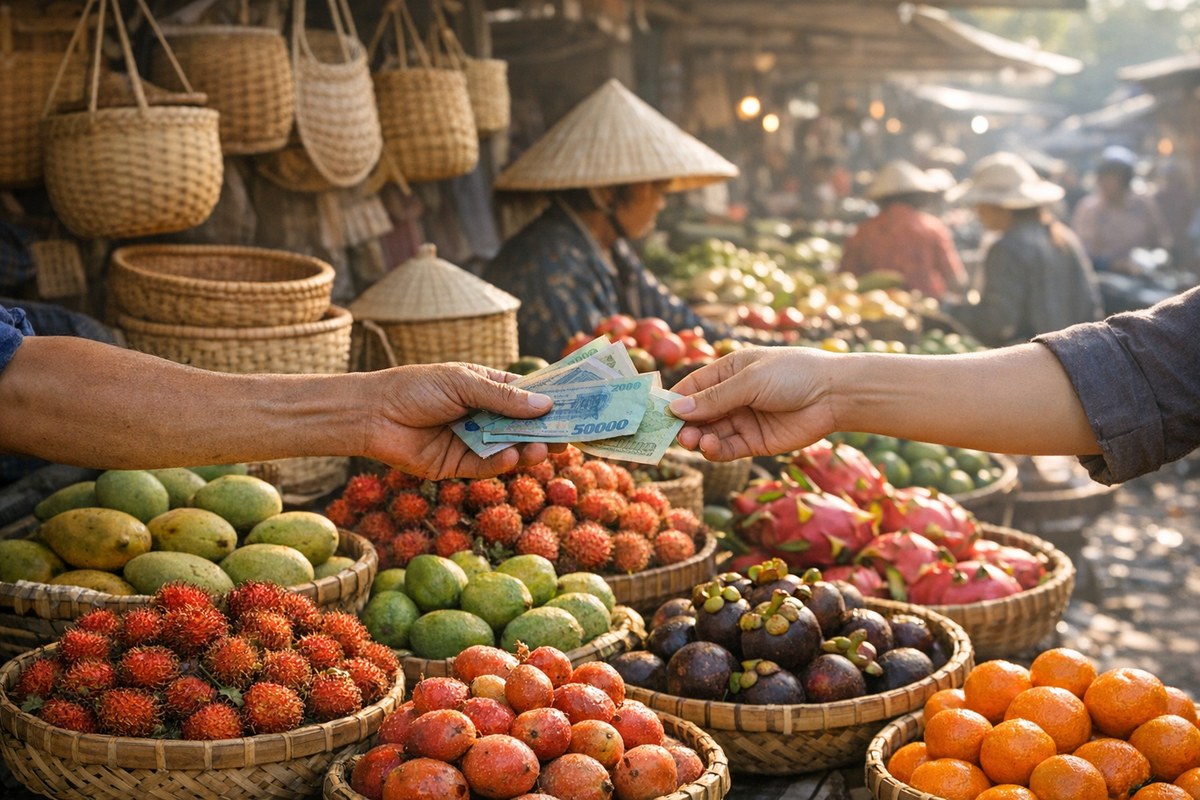 Vietnam money guide: bargaining at a bustling Vietnamese market stall