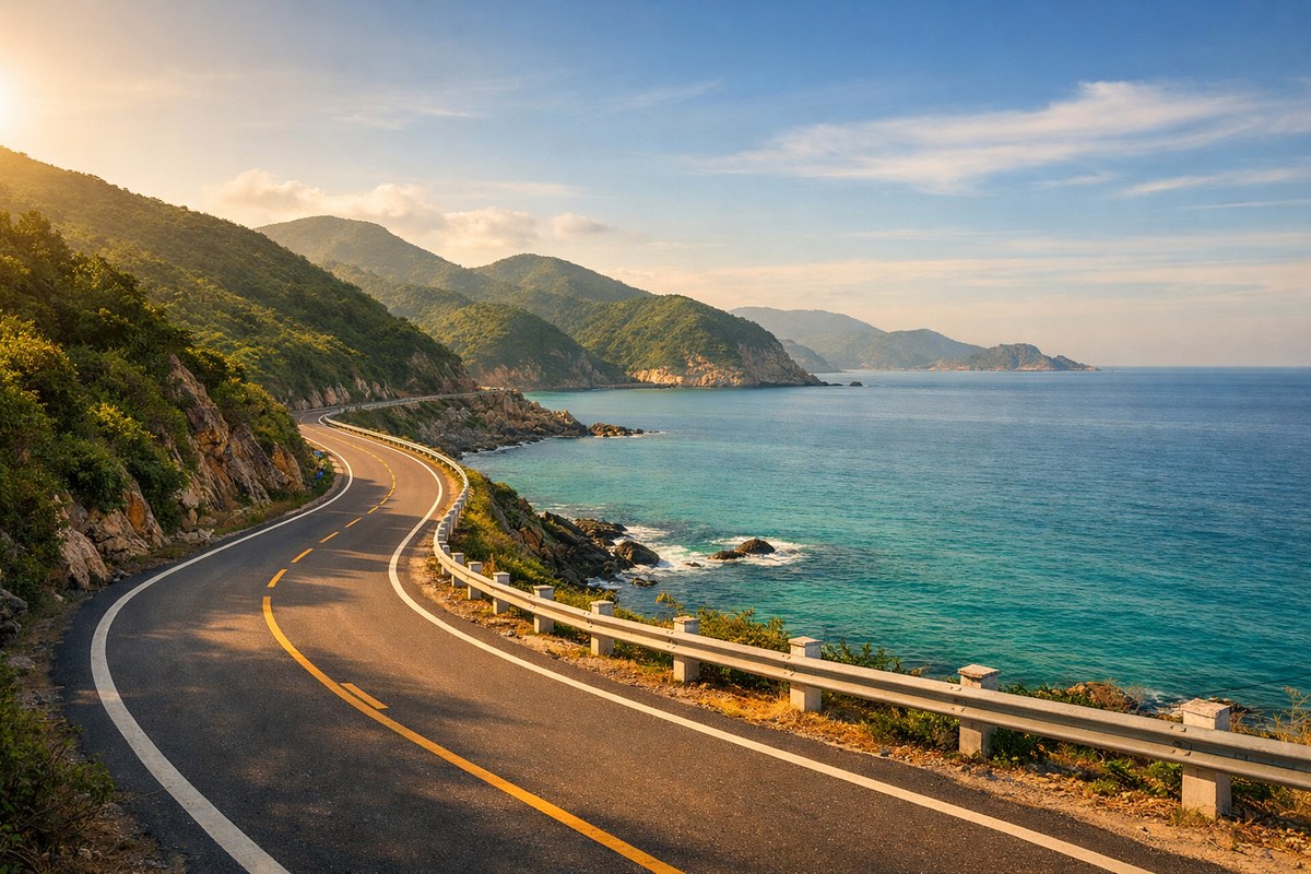 Motorbike rental in Vietnam - a coastal highway curving beside the sea in central Vietnam